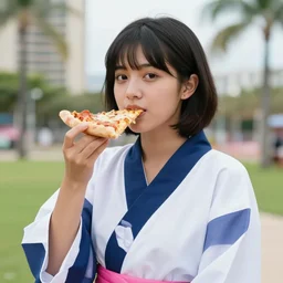 portrait of a Asian Mexican mix race young woman school with short hair wearing a navy and white sepuku uniform and eating a pizza on a pink floatie in Waikiki beach, beautiful massive ocean, elegant, highly detailed, centered, digital painting, artstation, concept art, smooth, sharp focus, illustration, by Peter Mohrbacher, WLOP