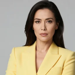 a portrait photograph of an intense woman in her 6 0'swearing a yellow business suit, photographed by annie leibovitz at the golden hour against a backdrop of flames. cinematic lighting, in the style of danny boyle