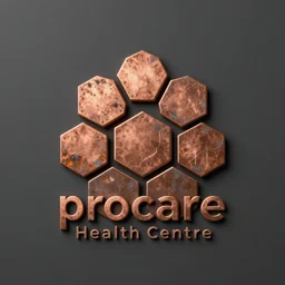 logo design for procare health centre, based on the shape of multiple hexagon, hive, rusty copper