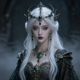 a beautiful white haired princess, adorned with precious stone jewelry, intricate concept art, ethereal, ominous, gorgeous dark fantasy, misty, dramatic lighting, octane render, 8 k, ruan jia and jeremy mann and alphonse mucha