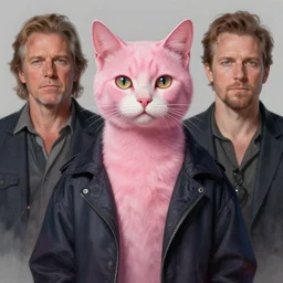 a portrait of a pink cat hybrid woman wearing clothes, art by boris vallejo and greg danton and denys tsiperko, detailed, hyperrealism, artstation