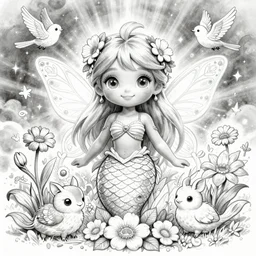 illustration of a beautiful fairie, mermaid, female portrait with flowers, whimsical big - eyed character accompanied by animals and birds, light greyscale, colouring - in sheet