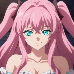 stunningly beautiful omnipotent megalomaniacal anime goddess who looks like junko enoshima with porcelain skin, pink twintail hair and mesmerizing cyan eyes, symmetrical perfect face smiling in a twisted, mischievous, devious and haughty way while looking down upon the viewer and taking over the universe, mid view, hyperdetailed, 2 d, 8 k