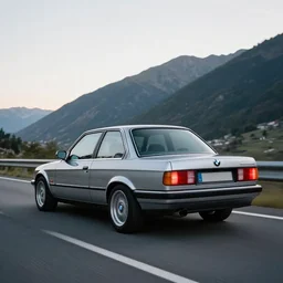 a rear left three quarter shot of a modified bmw e 3 0 with lights on a mountain road, motion blur, 3 5 mm photography, car photography, clean lines, realistic