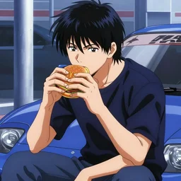 very serious ryosuke takahashi with black hair wearing a dark blue shirt eating mcdonald's cheeseburger sitting on his mazda rx 7, initial d anime screenshot, initial d anime 1 0 8 0 p, detailed anime face, 1 9 9 8's anime, high detail, 9 0 s anime aesthetic
