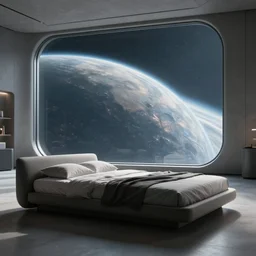 a futuristic bed in the foreground of a futuristic minimalistic room with a huge window overlooking an alien planet, photorealistic, cinematic, octane render by oblivion movie thom tenery