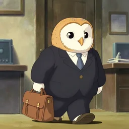 barn owl in a black suit wearing an office bag going to the office,still from studio ghibli movie lMy Neighbor Totoro, Hayao Miyazaki