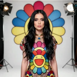 professional photo shoot portrait of bjork in the style of takashi murakami superflat, fairylike, 1 9 9 6, three point lighting