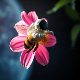 a bee astronaut flying from flower to flower in space, volumetric illumination, 8 k