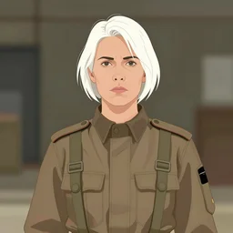 portrait of a military engineer woman with short white hair, wearing overalls, medium shot, portrait, concept art, vector line art, natural lighting, somber, solemn, serious, illustration, highly detailed, artstation,