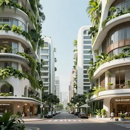 Street scene of a utopian futuristic Manila with green plants and organic white buildings and Filipino architecture