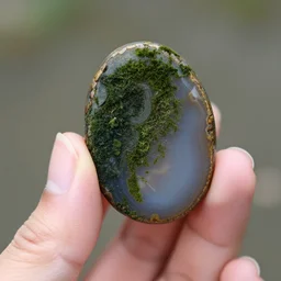 hand photography, discernible hand with thumb and 4 fingers, holding a moss agate