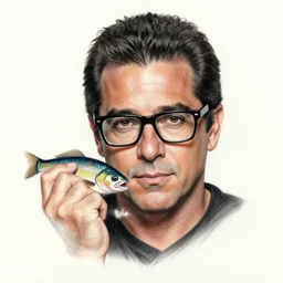 tattoo sketch of ray romano in glasses holding a fish, realistic face, hyper realistic, in the style of greg rutkowski, amazing detail, epic, intricate, elegant, smooth, sharp focus