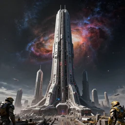 cinematic scifi render of a 3 d sculpt of a cyberpunk john harris aircraft carrier tower megalithic tower structure city in space, beeple, halo, star wars, ilm, star citizen, halo, mass effect, high tech industrial, artstation unreal, dramatic powerful nebula