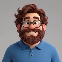 pleasant, happy, husky, nerdy man character portrait, wearing polo shirt, dark auburn wavy hair, full beard, glasses without frames, freckles, by don bluth, highly detailed, dynamic shadows, 4 k, wallpaper - 1 0 2 4