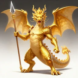 anthropomorphic golden dragon character wielding a spear