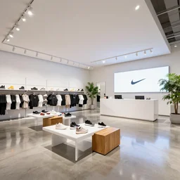 architectural photography, 8 k, realistic lighting, reflections, bloom, hyperdetailed environment. large nike boutique flagship retail. white walls. polished concrete floor. display tables with shoes and clothes. low ceilings with downlights and spots. white corian and oak furniture. impressive counter. bright digital screens on walls. verdant plants