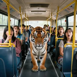 photo of a tiger inside a bus, scared human passengers in the background, wide angle, highly - detailed reaslistic