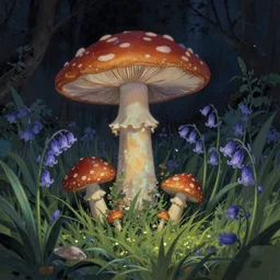 beautiful dark wonderland at night with mushrooms and grassy magic drooping bluebell flowers Digital Matte Illustration by James Gurney