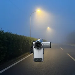 Beautiful cameraphone 2000s, soft liminal Photograph of foggy road, hedge night, streetlight.