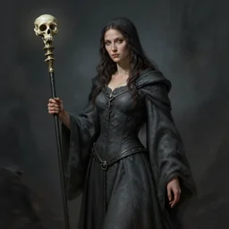 Gorgeous necromancer woman, DnD, dark grey robes, bone scepter, by Leonardo da Vinci, trending on artstation artstationHD, artstationHQ, cgsociety, matte painting, chiaroscuro, chromatic, Important: No extra arms