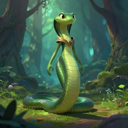 cassiopeia from league of legends walking in a forest, in the croods movie style, queen of snakes, giant snake legs, anime, disney, pixar, 8 k, hd, dof, kodak film, volumetric lighting, subsurface scattering, photorealistic, octane render, details
