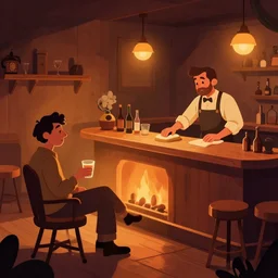 dimly - lit, intimate bar scene. warmly lit fireplace. a single exhausted patron remains, finishing one last drink before the bar closes for the night. the barkeep is diligently scrubbing the countertop with a well - used rag. warm, comforting color scheme. whimsical fantasy digital art. wide - angle shot. classic americana art. vectorized digitized