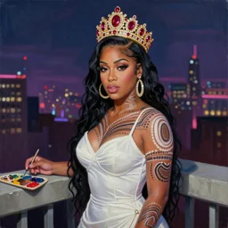 palette knife oil painting portrait of cardi b, a queen - with gold tiara with rubies and diamonds, woman in white dress and australian aboriginal body paint, concrete balcony, nightclub, artstation trending, artgerm, any racial background, deviant art, hipster, octane, substance, art history 8 k