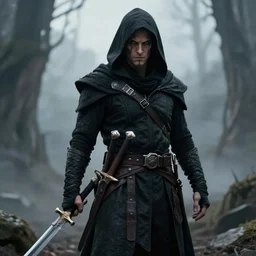 DnD deep gnome rogue with two daggers at his waist and he is wearing a black hood