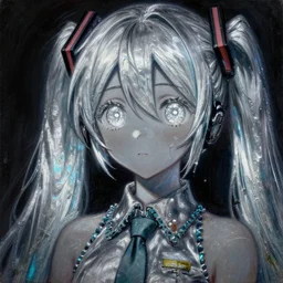 A bright thick silver liquid seeping through,highly detailed painting of Hatsune Miku with sparkly googly anime eyes, chiaroscuro, masterpiece painted by Claude Monet, nacre painting by Grace Pailthorpe, paint-on-glass painting, pastel oil inks, very ethereal, dark, chiaroscuro, nacre, neon static, neon gradient, vantablack, chiaroscuro, paint-on-glass painting, oil inks, very ethereal, silver light