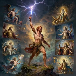 zeus throwing down his thunderbolts upon the earth, apocalyptic imagery, anger, nature's cycles, the end and the beginning, renewal, beauty, various angles, various art styles