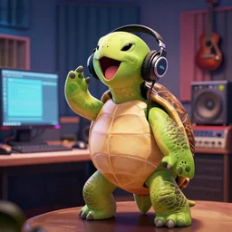 turtle with headphones singing in music studio