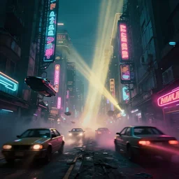 a guatemalan solitary cyberpunk city, abandoned with neon ads and signs with evocative dramatic mood with blade runner vibe with cars and floating vehicles with motion blur with depth of field with bloom with lightshaft with volumetric lights, fog, by jeremy mann, oscar winning graphics, photo realistic, bloom, imax, dynamic lighting, artstation,