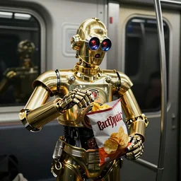C-3P0 eating a bag of chips in a subway train