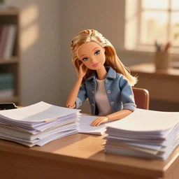 a barbie doll sits a desk with large stacks of paper on it. her head is resting on her hand. she looks exhausted. stock photo, golden hour, photorealistic, render