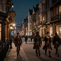 a street level photo of a steampunk victorian city street, with people walking on the streets, at night, 4k, canon 5D