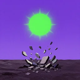 a piece of purple sky with a green sun falls to the ground and breaks into fragments, futurism, schizophrenia, hyperrealistic fall