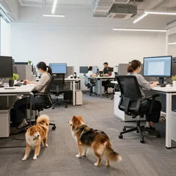 pets are working in co - working modern office, no human