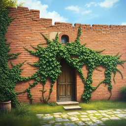 a beautiful painting of an ancient brick wall covered in vines overgrowing a door, landscape, 8 k, photorealism