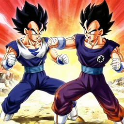 Elon Musk punches Vegeta on Namek, in the style of Akira Toriyama anime art action fighting scene