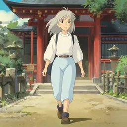 a beautiful blond silver hair young woman walking around in Japan in the style of studio ghibli
