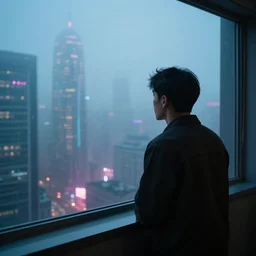 looking out the window to a foggy neon cyber city