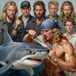a mixed media portrait painting of the a man who fights sharks with a knife, ultra realistic, highly detailed, long wavy blonde hair, bandana, topaz necklace, by frank frazetta, greg rutkowski, beeple, yoko taro, christian macnevin, wlop and krenz cushart, epic fantasy character art, volumetric lighting, cgsociety, exquisite detail, masterpiece, cinematic