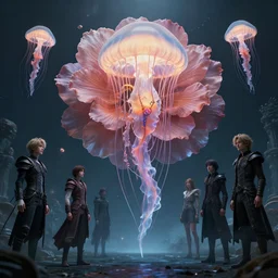 a fancy portrait of a giant floating flower and jellyfish by Greg Rutkowski, Sung Choi, Mitchell Mohrhauser, Maciej Kuciara, Johnson Ting, Maxim Verehin, Peter Konig, Bloodborne , 8k photorealistic, cinematic lighting, HD, high details, atmospheric , trending on artstation