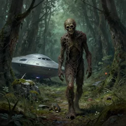 realistic photo of swamp thing, sad walk through creepy forest, look at crashed ufo on rocks. deep focus, intricate, elegant, highly detailed, digital painting, art station, concept art, matte, focus sharp, illustration, art by artgerm and greg rutkowski and alphonse mucha