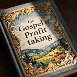the gospel of profit taking,,,,,,,,,,,,,,,,,,,,, written on a fancy book cover, detailed full view of book cover
