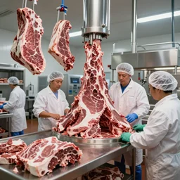 inside of a busy meat processing plant, photography