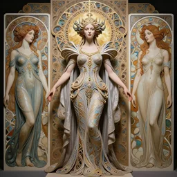 high priestess queen of jupiter by iris van herpen, zaha hadid, zdzisław beksinski and alphonse mucha. highly detailed, hyper - real, very beautiful, intricate fractal details, very complex, opulent, epic, mysterious, trending on deviantart and artstation