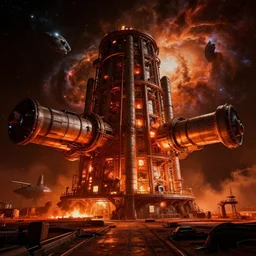 warm colors, high contrast dark hyperreal deep space dock mining platform with massive piping inspired by nuclear reactor core, space - station, submarine, beeple, star citizen halo, mass effect, starship troopers, elysium, oblivion, the expanse, iron smelting pits, high tech industrial, dramatic nebula sky, volumetric lighting