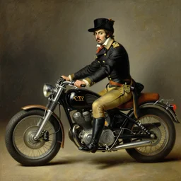 Detailed oil painting of napoleon riding a motorbike by Caravaggio
